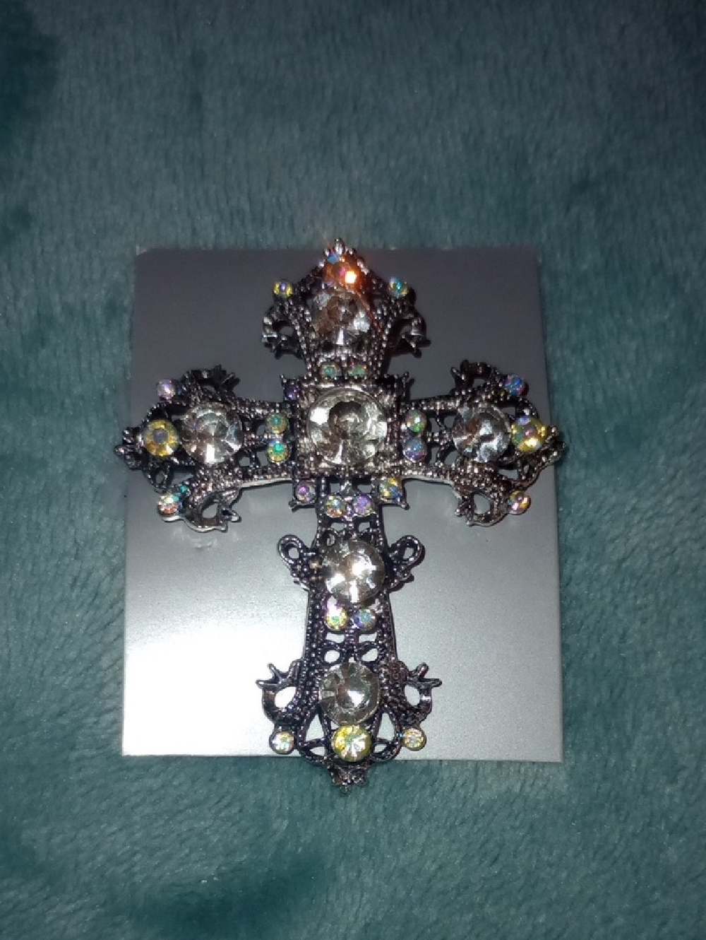 Rhinestone Cross Brooch - Silver Tone with Aurora Crystals